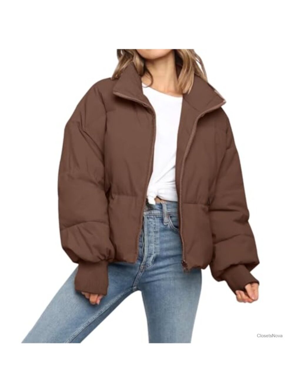 Cropped Puffer Jacket Quilted Zip Up Oversized Winter Coat